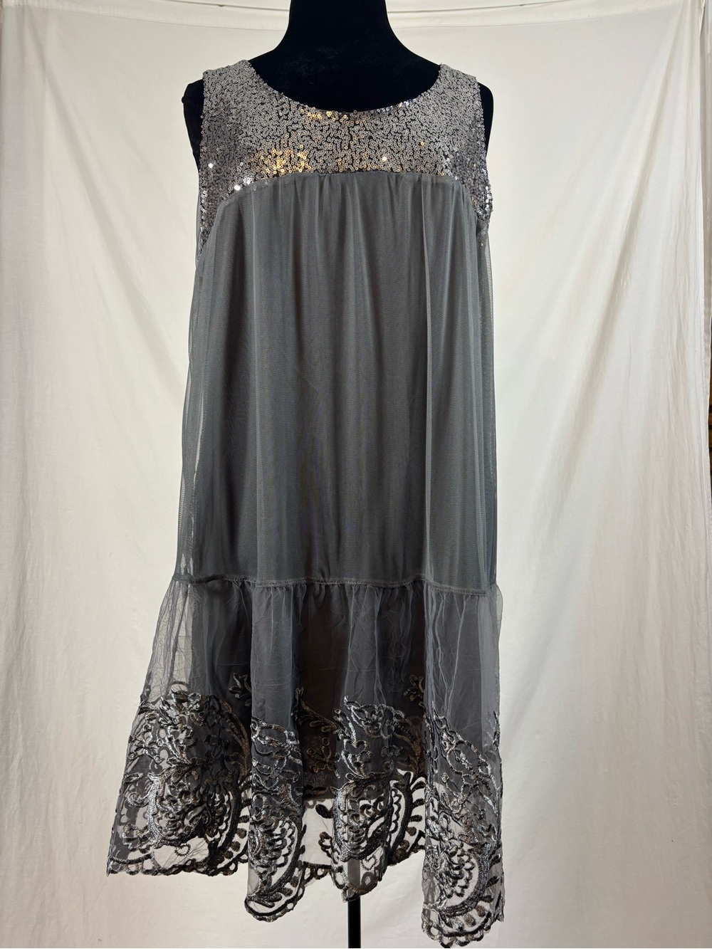 MISSLOOK Gray Sequin Lace Tulle Lagenlook Midi Dress XL Artsy Romantic
